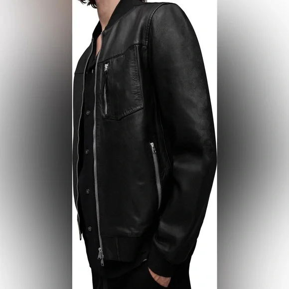 AllSaints Mens Tyro Leather Bomber Jacket - Black